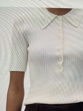 Women’s MNG Fitted Ecru SS Ribbed Polo Neck Sweater, Size XL